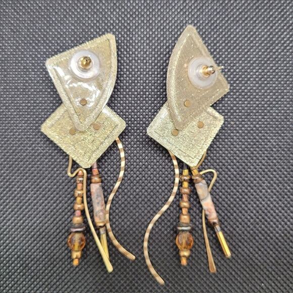 80s Vintage‎ Iridescent Metallic Statement Mixed Media Dangle Pierced Earrings - Picture 3 of 8